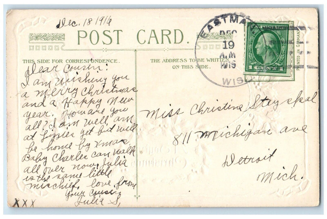 1916 Christmas Holly Berries House Covered Snow Moon View John Winsch Postcard