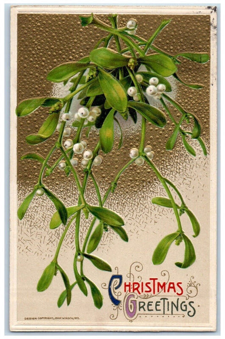 1911 Christmas Greetings Holly John Winsch Artist Signed Embossed Postcard
