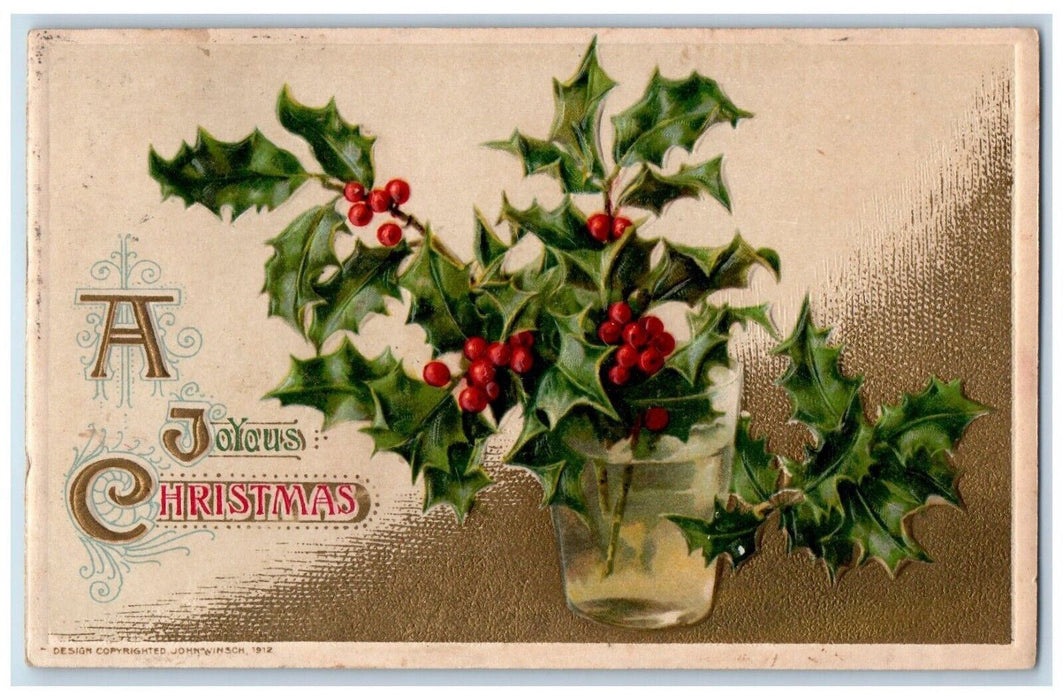 1912 Christmas Holly Berries In Glass John Winsch Artist Signed Antique Postcard