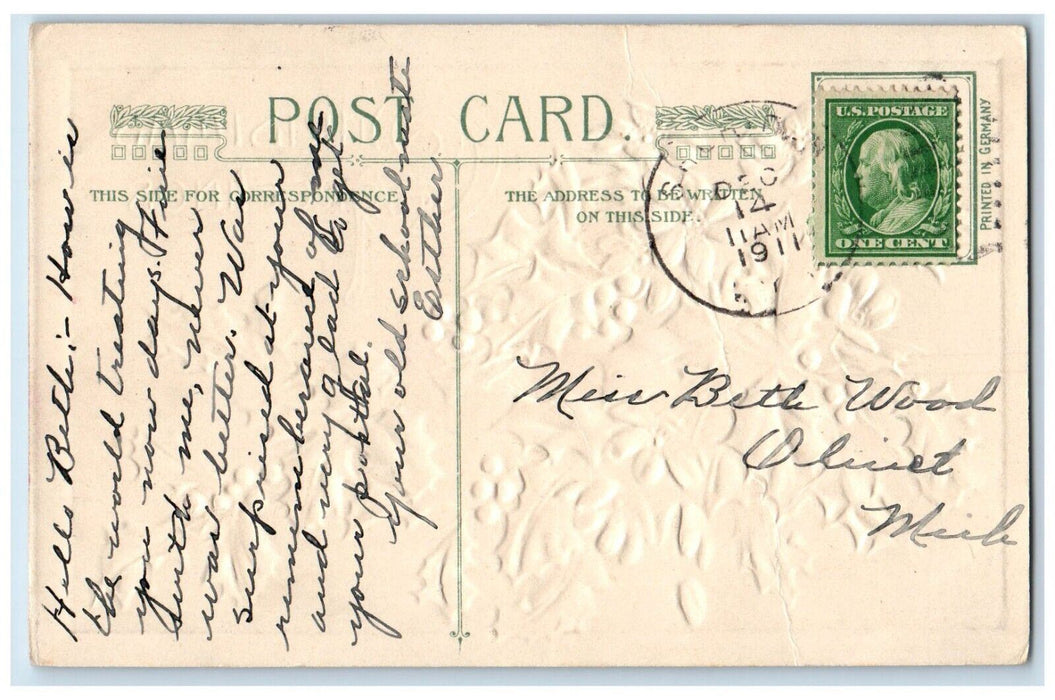 1911 Christmas Greetings Holly White Flowers John Winsch Artist Signed Postcard
