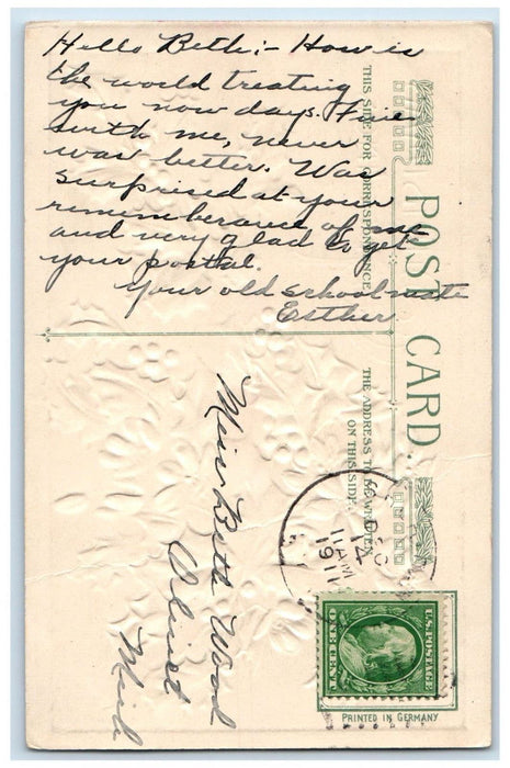 1911 Christmas Greetings Holly White Flowers John Winsch Artist Signed Postcard