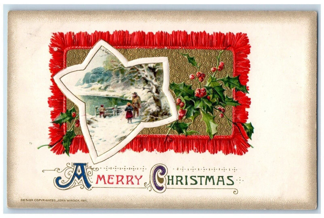 1912 Christmas Holly Winter Snow River View John Winsch Artist Signed Postcard