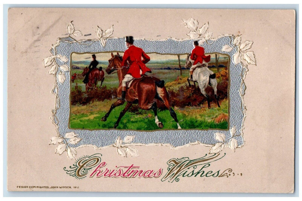 1912 Christmas Wishes Hunting Horseback John Winsch Artist Signed Postcard