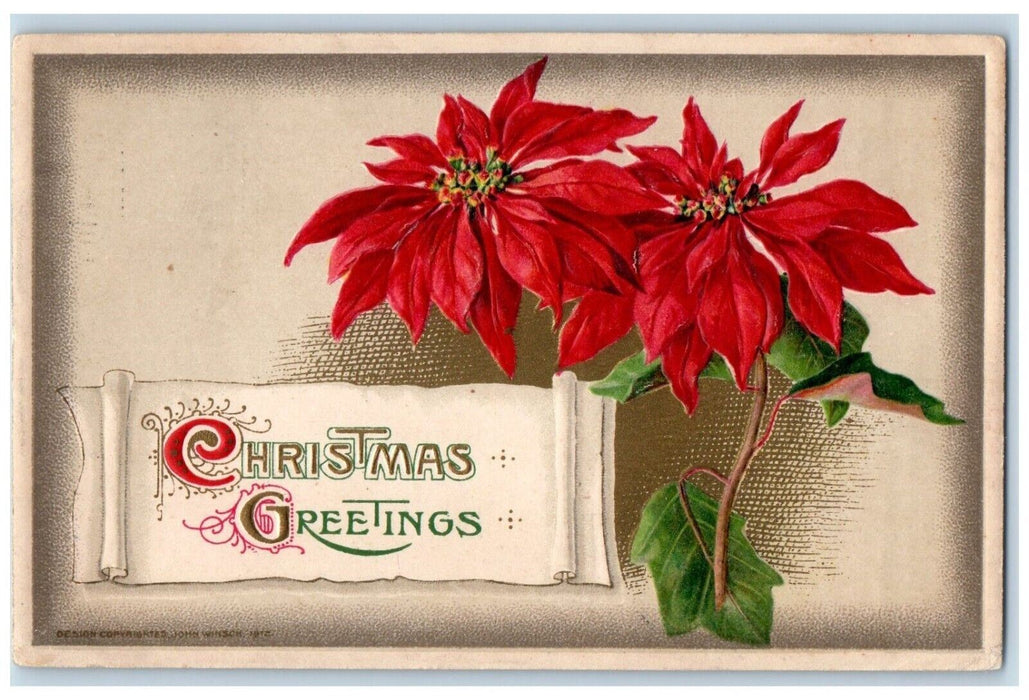 1913 Christmas Greetings Poinsettia Flowers John Winsch Artist Signed Postcard
