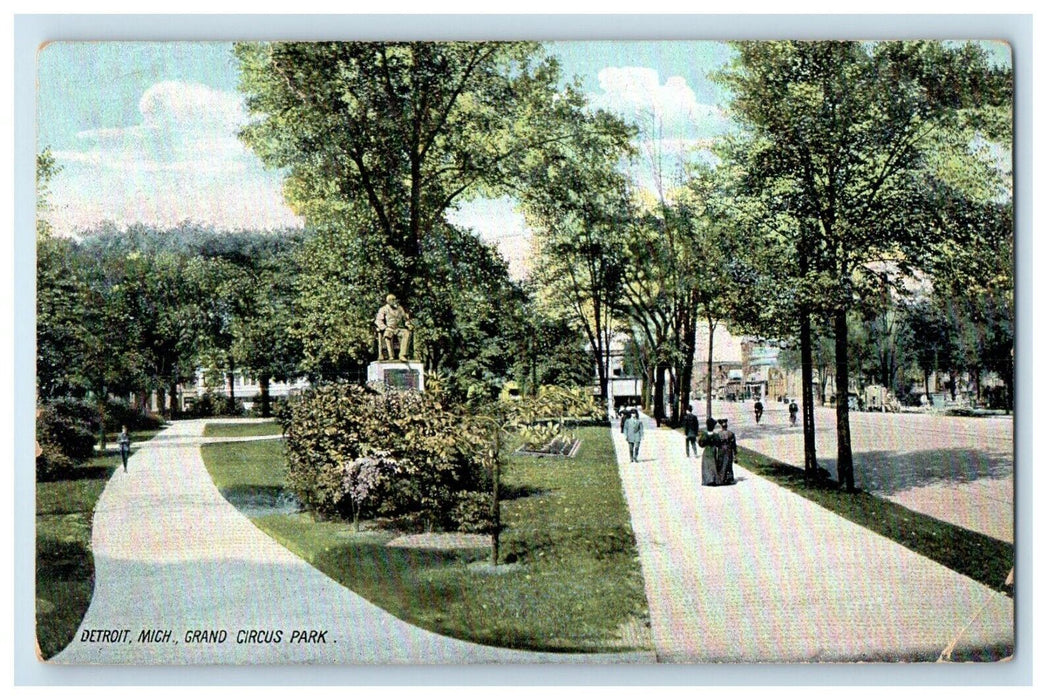 1909 Grand Circus Park Monument Roadside Detroit Michigan MI Vintage Postcard