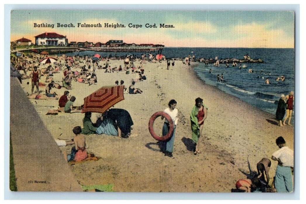 1942 Bathing Beach Falmouth Heights Cape Cod Massachusetts MA Antique Postcard