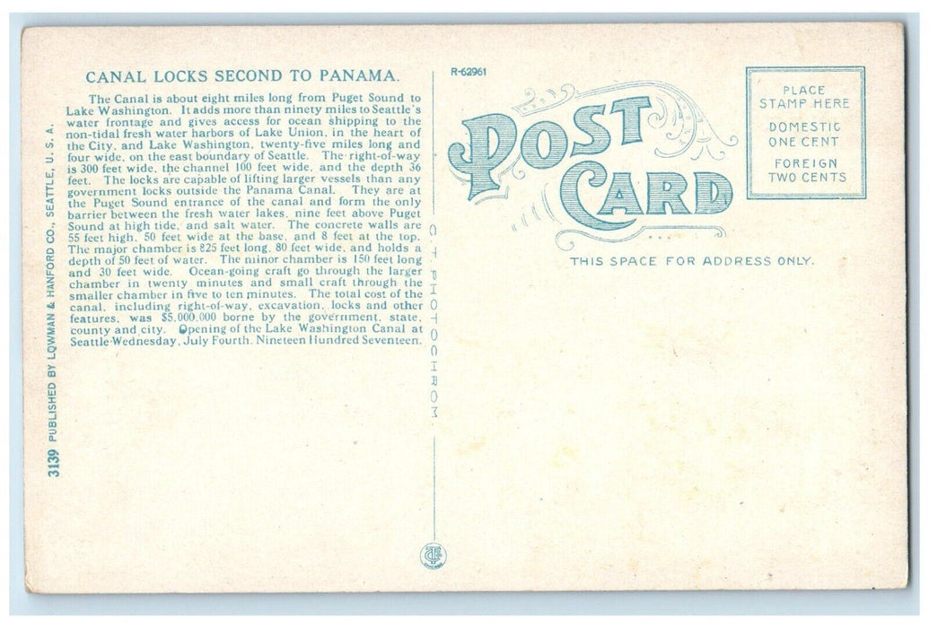 1910 Canal Locks Second to Panama Steamer Washington WA Antique Vintage Postcard