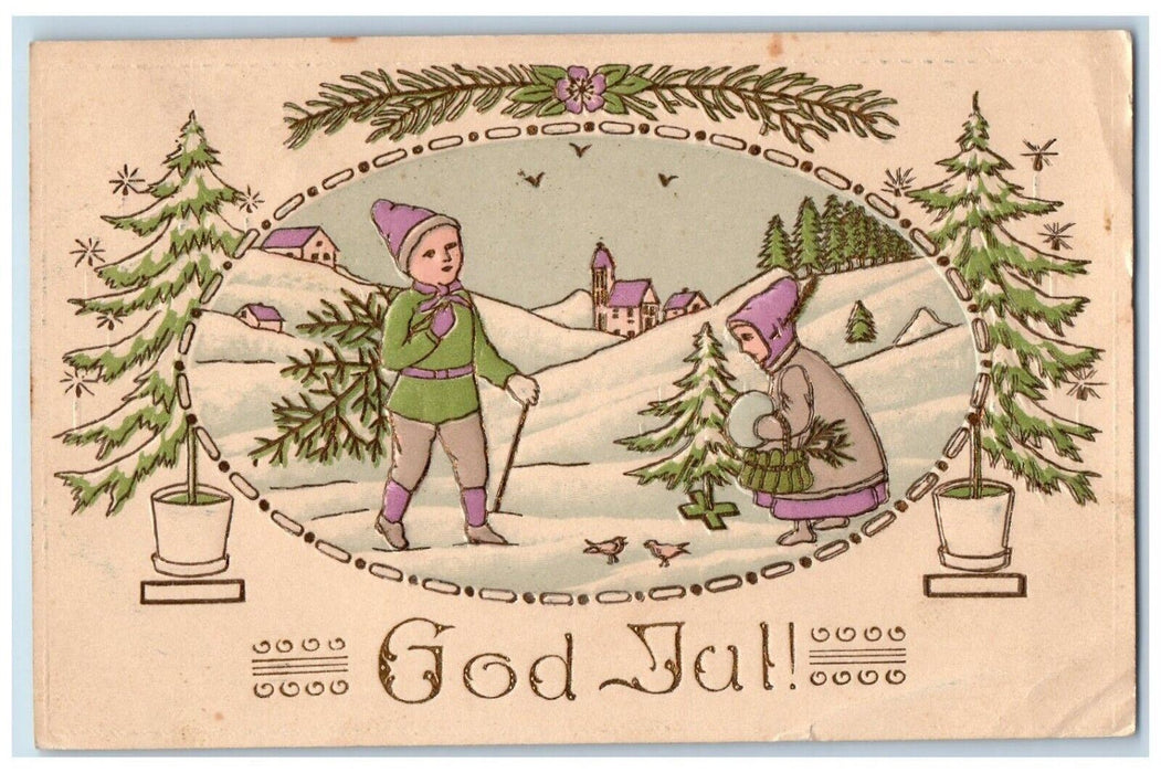c1910's Merry Christmas Boy Girl Warmer Birds Pine Trees Winter Sweden Postcard