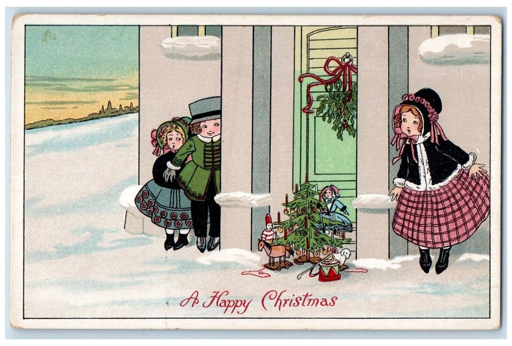 c1910's Christmas Girls Hiding With Present Toys And Christmas Tree Postcard