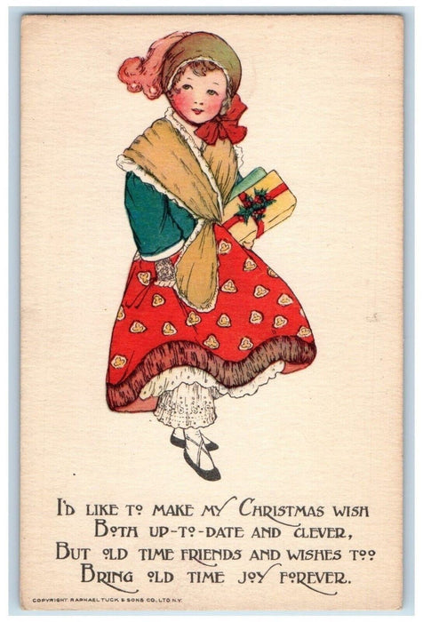 c1910's Christmas Girl Dress With Holy Present Tuck's Series Antique Postcard