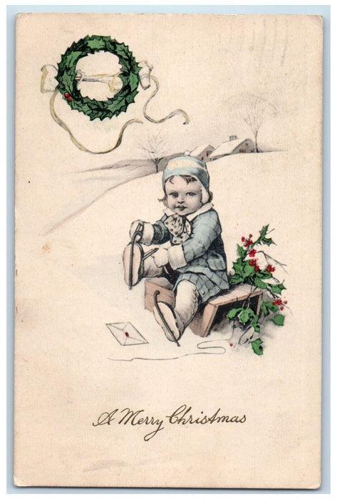 1914 Christmas Little Girl Ice Skating Holly Berries Wreathe Antique Postcard
