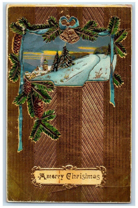 c1910's Christmas Pine Trees Cone Bells House Winter Snow Embossed Postcard