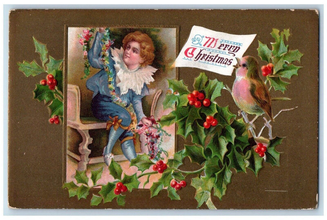 c1910's Christmas Boy Making Garland Holly Berries Bird Embossed Postcard