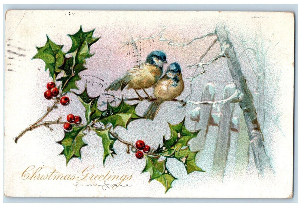 c1905 Christmas Greetings Love Birds Hanging Holly Branch Embossed Postcard