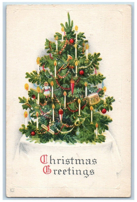 1923 Christmas Greetings Christmas Tree Decorated Candles Embossed Postcard