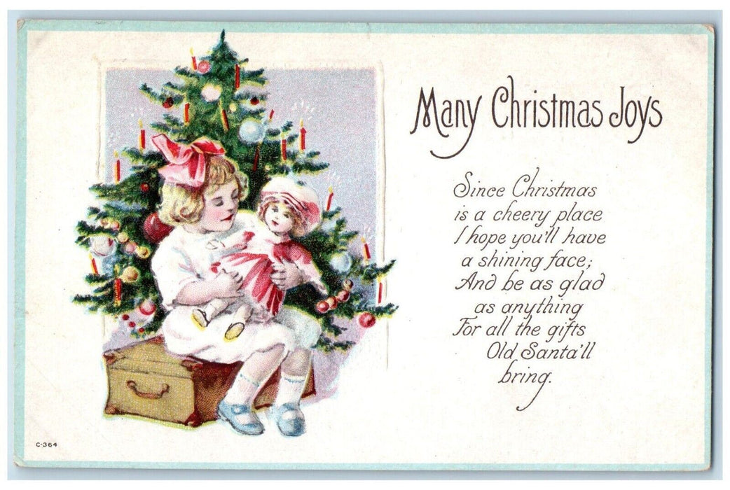 c1910's Christmas Poem Girl And Her Doll Christmas Tree Embossed Postcard