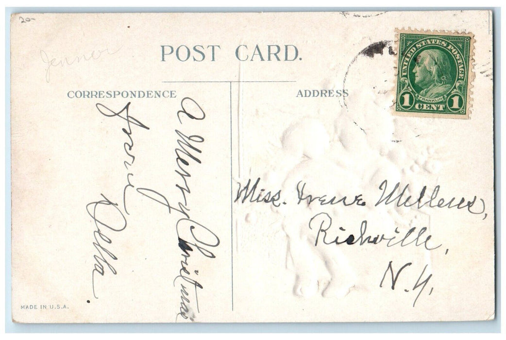 c1910's Christmas Poem Girl And Her Doll Christmas Tree Embossed Postcard