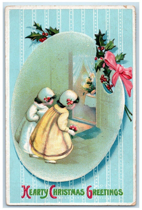 c1910's Christmas Greetings Girls Holding Flower Present Clapsaddle (?) Postcard