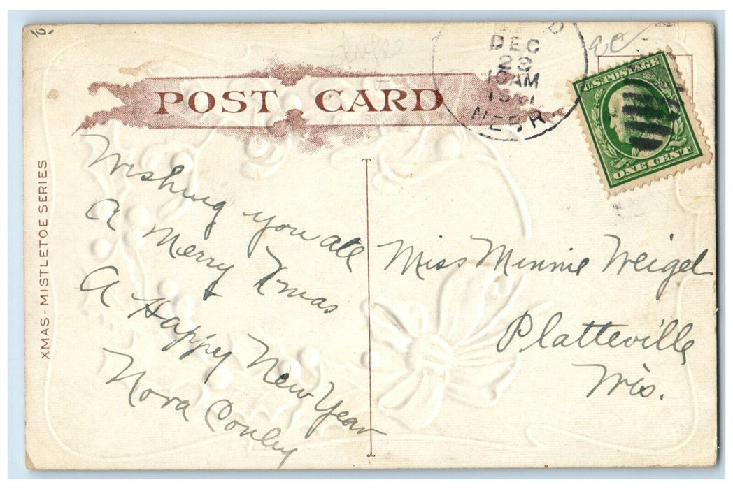 1911 Christmas New Year Steamer Sinking Holly Ribbon Winter Embossed Postcard