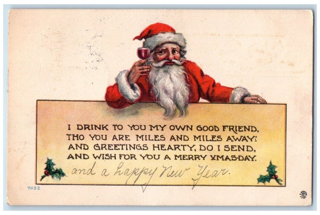 1913 Christmas And New Year Greetings Poem Santa Claus Wine Glass Postcard