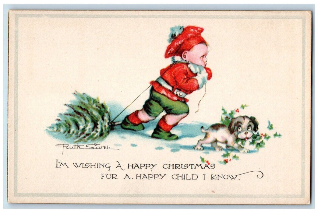 c1910's Christmas Boy And Puppy Dog Pulling Holly Pine Tree Winter Postcard