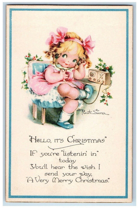 c1910's Merry Christmas Little Cute Girl Telephone Holly Berries Postcard