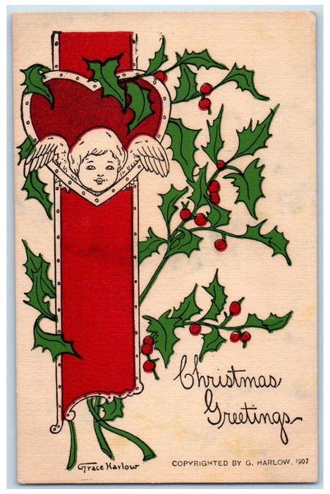 c1910's Christmas Greetings Angel Cherub Head Hear Holly Grace Harlow Postcard