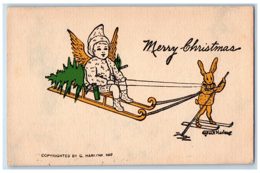 Christmas Anthropomorphic Rabbit Sled Pulling Angel Cherub Grace Harlow Postcard