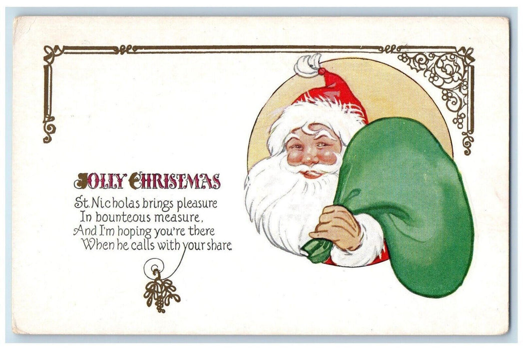 c1910's Christmas Santa Claus With His Green Socks Embossed Antique Postcard