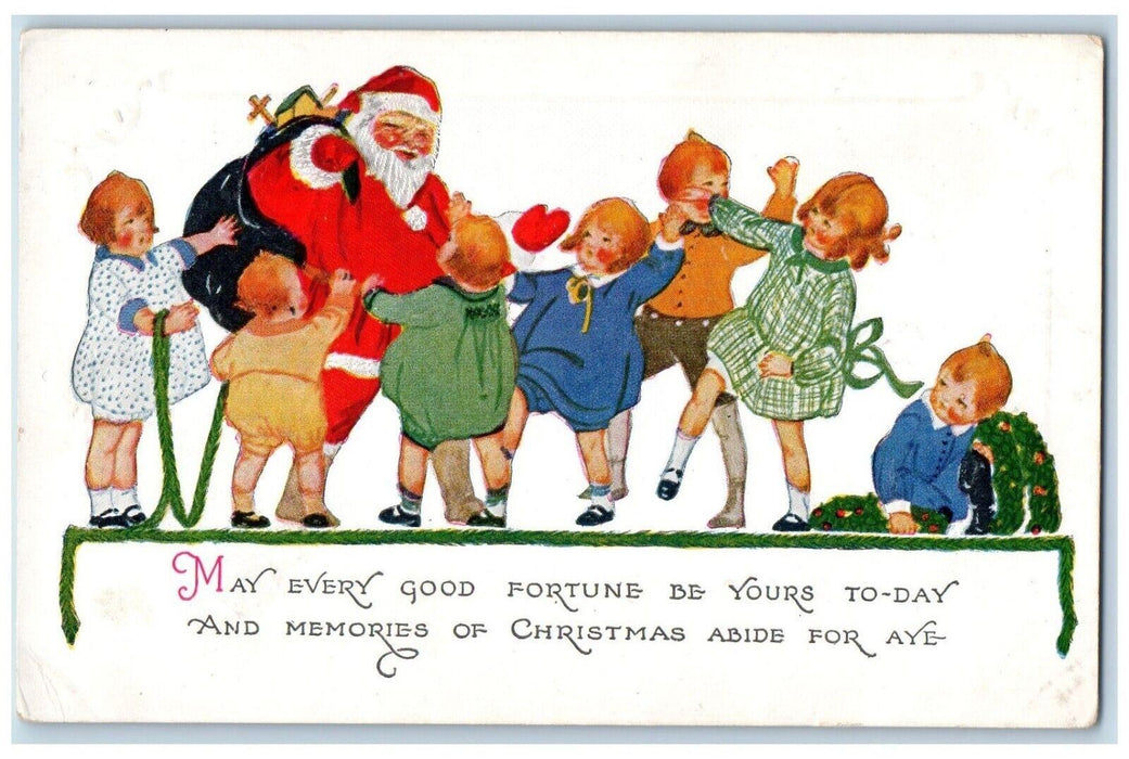 c1910's Christmas Santa Claus Giving Toys To Childrens Garland Embossed Postcard