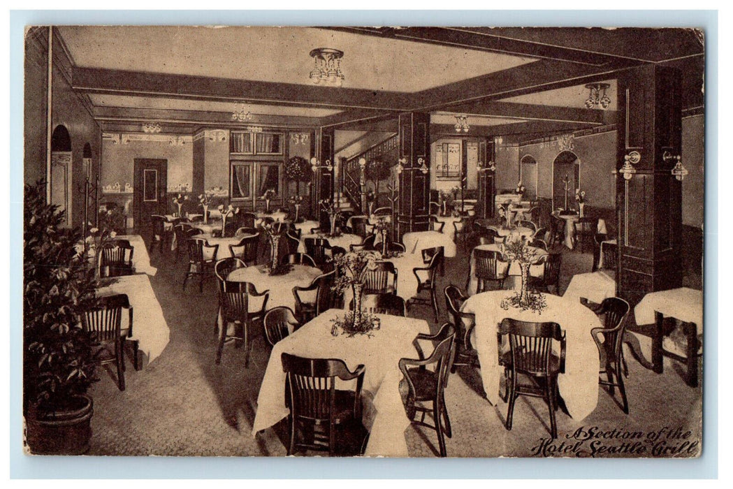 c1910 Interior, Dining Section of the Hotel Seattle Grill Washington WA Postcard