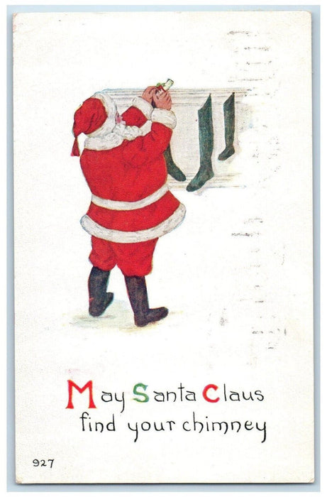 c1910's Christmas Santa Claus Putting Gifts In Socks Chimney Antique Postcard