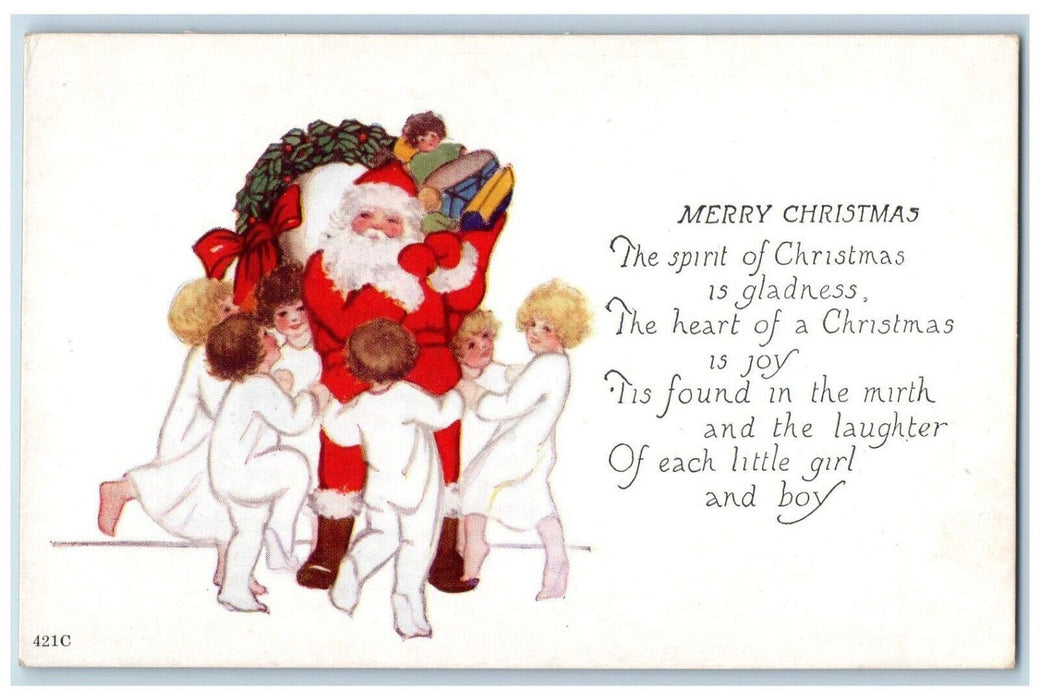 c1910's Christmas Santa Claus Poem Giving Toys To Childrens Wreathe Postcard