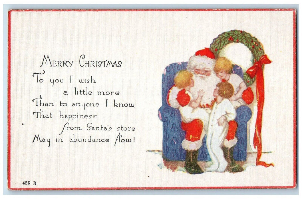 c1910's Christmas Santa Claus And Childrens Wreathe Red Ribbon Antique Postcard