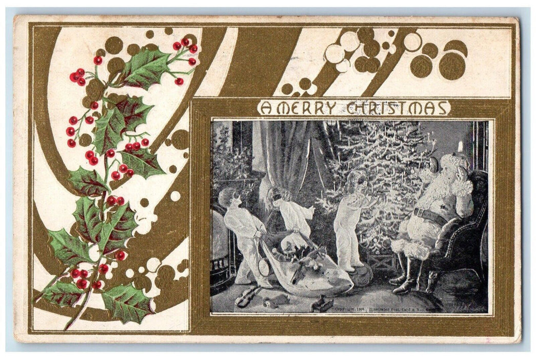 1907 Christmas Santa Claus And Childrens Christmas Tree Toys Holly Postcard