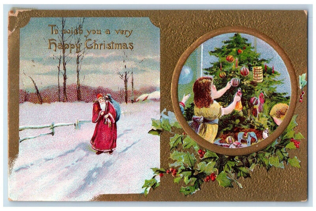 1911 Christmas Santa Claus Walking Winter Girl Decorate Christmas Tree Postcard