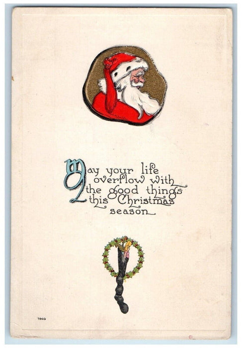 c1910's Christmas Santa Claus Head Sock Of Toys Wreathe Embossed Postcard