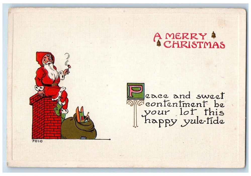 Christmas Santa Claus Pipe Cigarette Sitting Chimney Socks Of Toys Postcard
