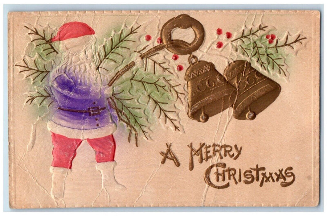 1910 Christmas Santa Claus Airbrushed Holly Bells Embossed Antique Postcard