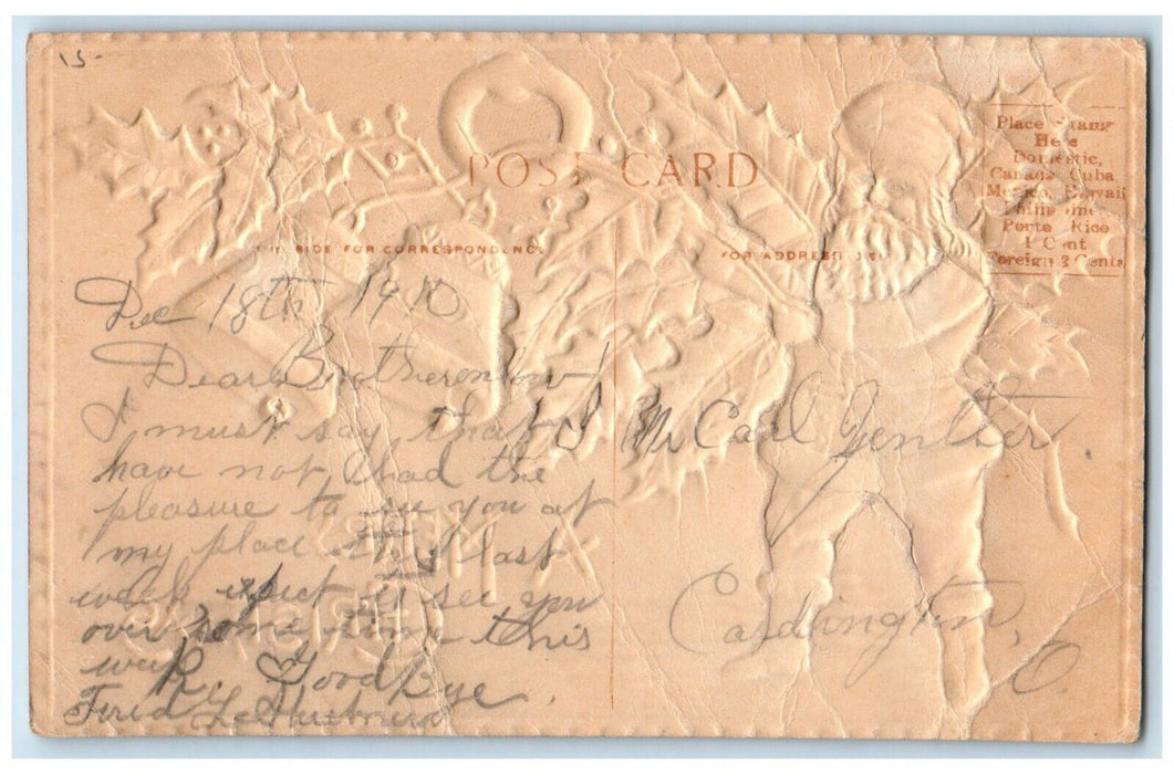 1910 Christmas Santa Claus Airbrushed Holly Bells Embossed Antique Postcard