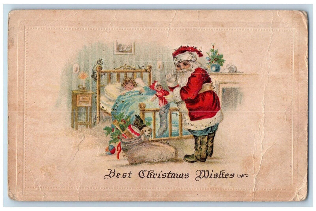 c1910's Christmas Santa Claus Putting Toys In Sock Little Girl Sleeping Postcard