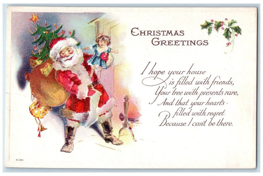 1910 Christmas Greetings Santa Claus Socks Of Toys Embossed Antique Postcard
