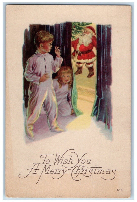 1924 Christmas Greetings Santa Claus Giving Present Boy Girl Hiding Postcard