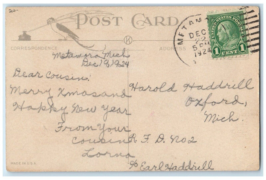 1924 Christmas Greetings Santa Claus Giving Present Boy Girl Hiding Postcard