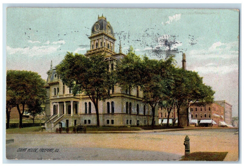 1908 Scene of Court House, Freeport Illinois IL Antique Posted Postcard
