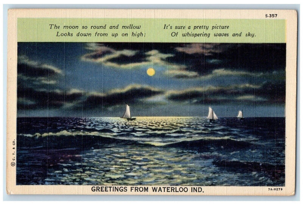 c1940's Moonlight, Sailboat Scene, Greetings from Waterloo IN Postcard
