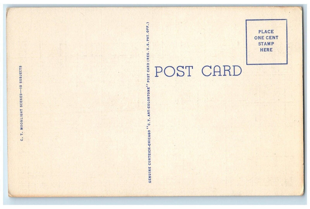 c1940's Moonlight, Sailboat Scene, Greetings from Waterloo IN Postcard