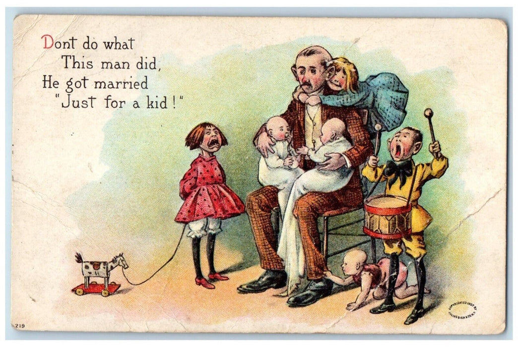 c1910 Playing Drum, Toy Horse, Kids, Father, Embossed Unposted Postcard