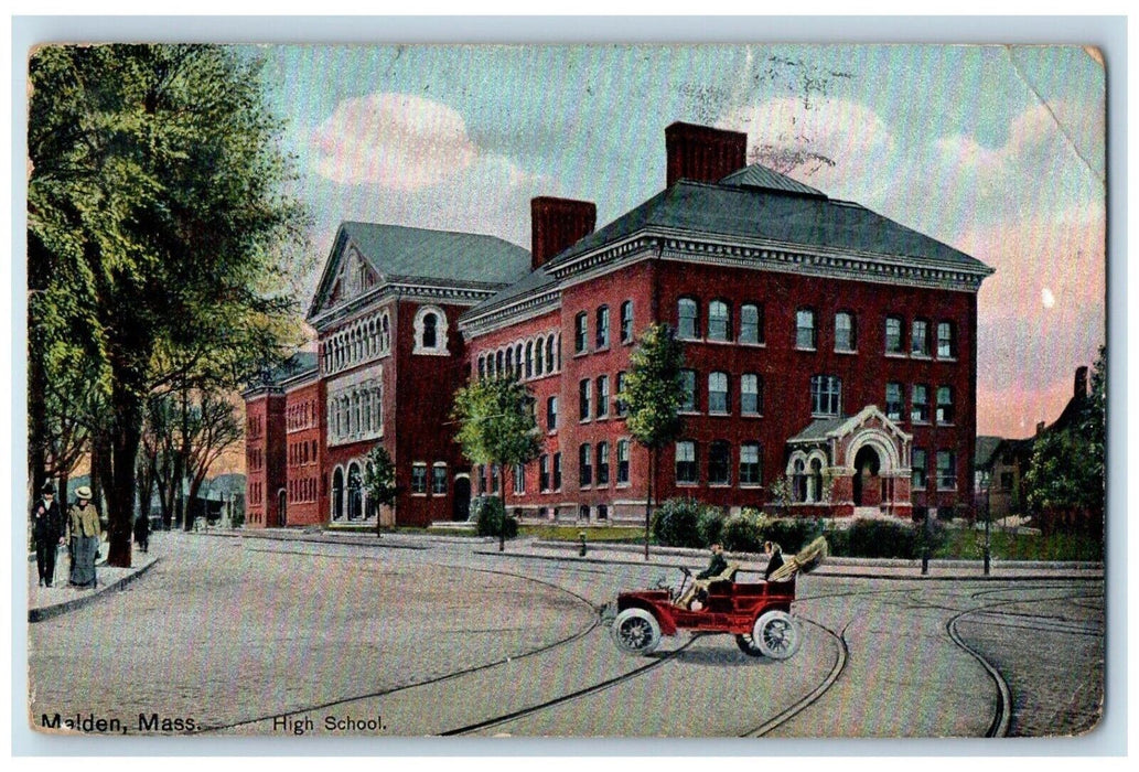 1909 Car Scene High School Malden Massachusetts MA Antique Posted Postcard