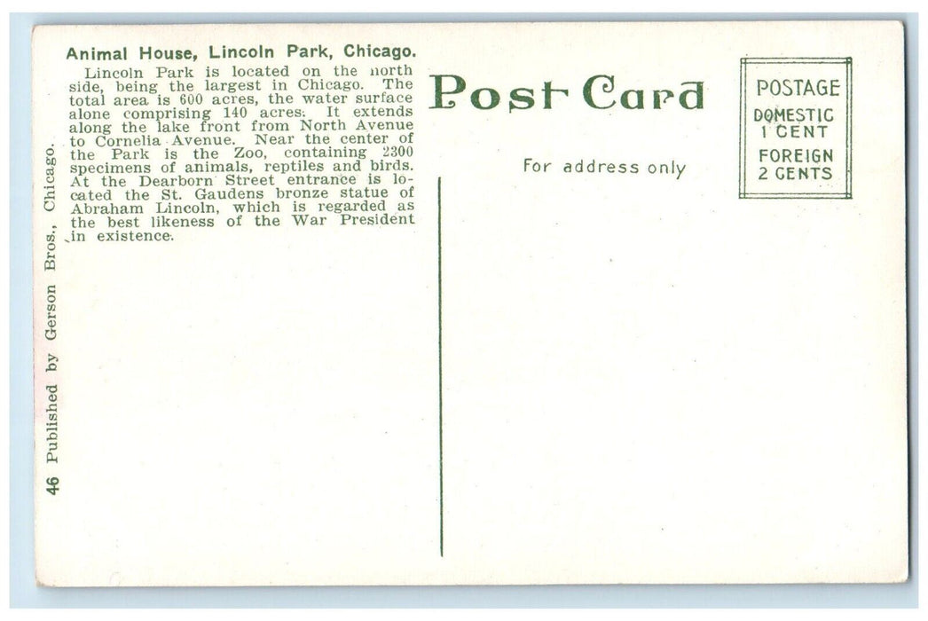 c1910 Animal House Lincoln Park Chicago Illinois IL Unposted Postcard